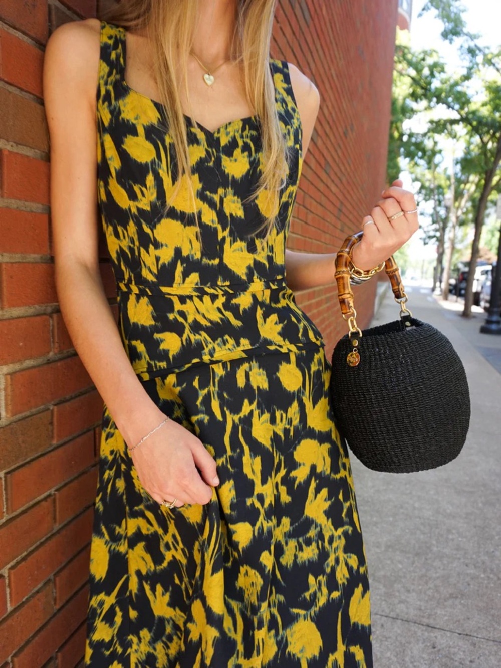 Ulla Johnson Yellow and Black Printed Sleeveless Midi Dress